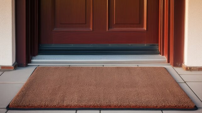 A welcoming entrance with a clean doormat in front of a closed elegant wooden door.
