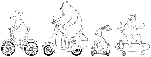 Illustration of cartoon animals on a scooter. Cute doodle animals.
