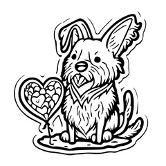 vector black and white clipart , dog and heart, valentine, 129