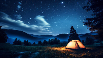 night camping under a starry sky with a glowing tent and mountains.outdoor adventure.