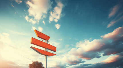 A vintage empty directional sign against a dramatic sunset sky nostalgia and unknown road trip travel