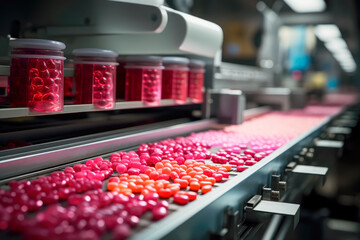 Jelly beans factory. Colored candies on a conveyor belt in a sweets factory.