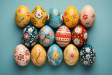 Fototapeta na wymiar Festive Happy Easter. Colorful pastel hand painted decorated Easter eggs on light blue background. Top view. Generative AI.