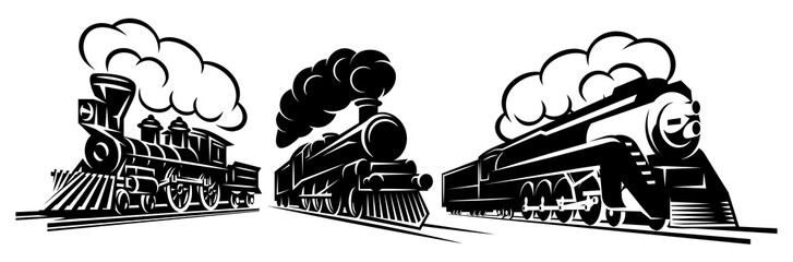 Set of monochrome vector images with retro locomotives. Templates for design © 111chemodan111
