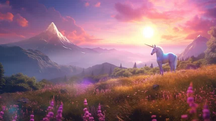 Muurstickers Lovely unicorn in idyllic landscape © Kondor83