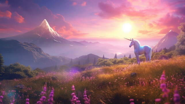 Fototapeta Lovely unicorn in idyllic landscape