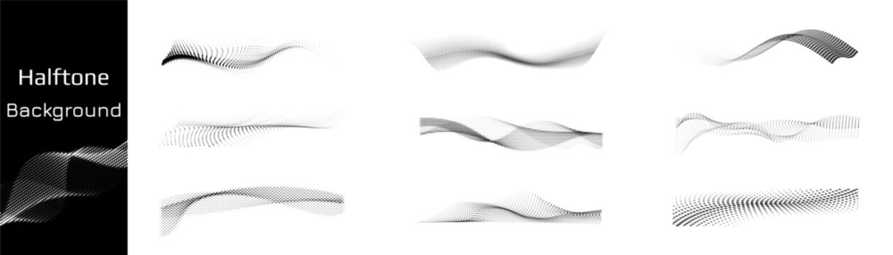 Set of dotted abstract forms.  Grunge halftone vector background in black and white colors.   Dot texture. 