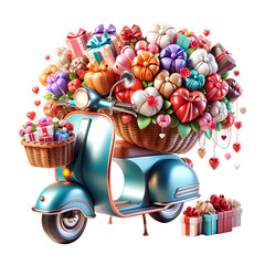 A 3D-style cute scooter with a basket full of heart-shaped bouquets made of gift boxes. The scooter is designed with vibrant colors and a glossy finish, emphasizing its cute, cartoonish charm. 