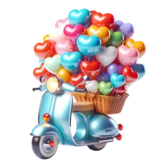 Gordijnen A 3D-style cute scooter with a basket full of heart-shaped balloons. The scooter is designed with vibrant colors and a glossy finish, emphasizing its cute, cartoonish charm. © bteeranan