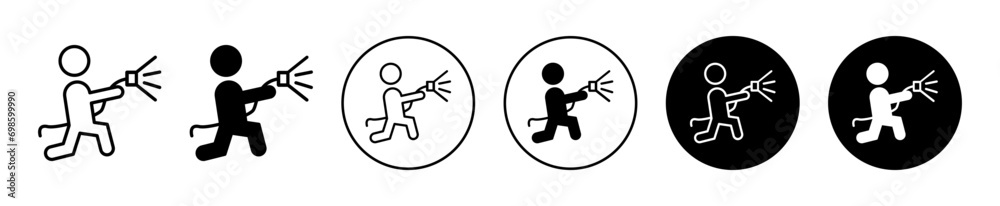 Poster firefighter icon. fire brigade professional worker with water hose pipe to extinguishing symbol. eme