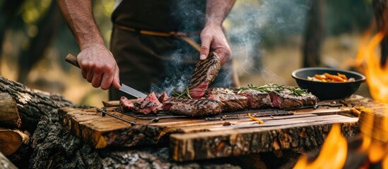 Man grills steak on wooden board outdoors for a summer picnic.