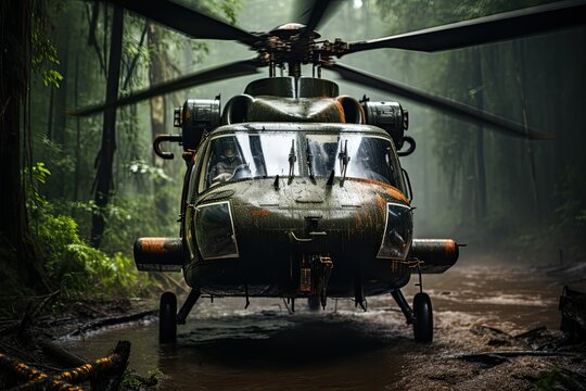 Military helicopter in active combat zone in jungle. Greeting card for Veterans Day, Memorial Day, Air Force Day.