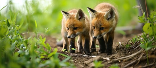 Fox babies playing in Saskatchewan, Canada.