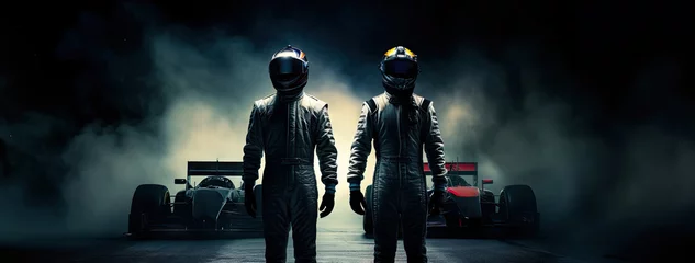 Foto op Plexiglas Men, racers in leather costumes and helmet standing in a line over dark background with smoke. Champions, winners. Concept of motor sport, racing, competition © master1305