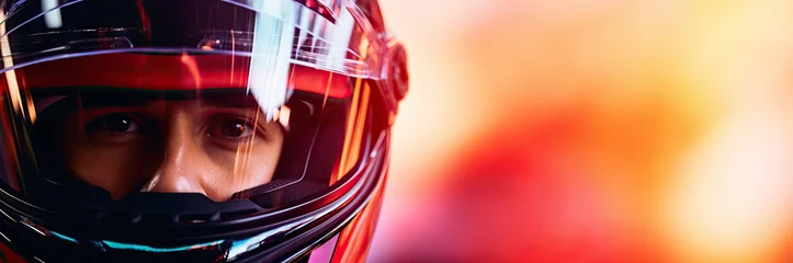 Foto op Plexiglas Close-up of man in helmet, concentrated and motivated racer over blurred background. Winner, champion. Concept of motor sport, racing, competition © master1305