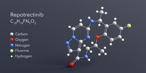 repotrectinib molecule 3d rendering, flat molecular structure with chemical formula and atoms color coding