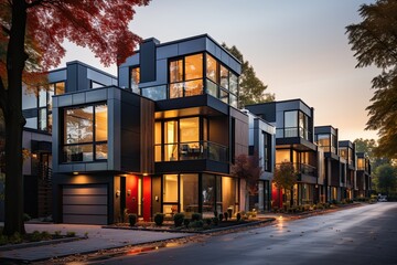 Modern modular private townhouses. Residential minimalist architecture exterior. A very modern neighborhood, late afternoon or morning shot. Housing project. Construction of Modular house. - obrazy, fototapety, plakaty