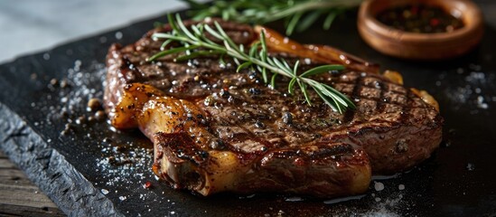 Rib eye steak grilled on a slate slab. - obrazy, fototapety, plakaty