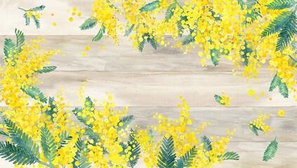ウッドボードを背景にしたミモザの水彩イラスト。春のイメージ背景。 - obrazy, fototapety, plakaty