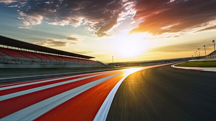 Race track, empty asphalt road on sunrise. Concept of motor sport, racing, competition. Motorway for competition. Tire tracks. - obrazy, fototapety, plakaty