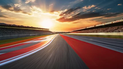Photo sur Plexiglas F1 Race track, empty asphalt road on sunrise. Concept of motor sport, racing, competition. Motorway for competition. Tire tracks.