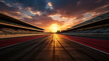 Fototapeten Race track, empty asphalt road on sunrise. Concept of motor sport, racing, competition. Motorway for competition. Tire tracks, tribune for fans © master1305