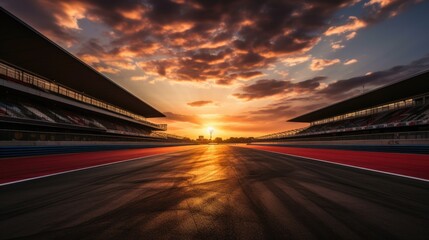 Race track, empty asphalt road on sunrise. Concept of motor sport, racing, competition. Motorway for competition. Tire tracks, tribune for fans - obrazy, fototapety, plakaty