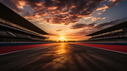Foto op Plexiglas Race track, empty asphalt road on sunrise. Concept of motor sport, racing, competition. Motorway for competition. Tire tracks, tribune for fans © master1305