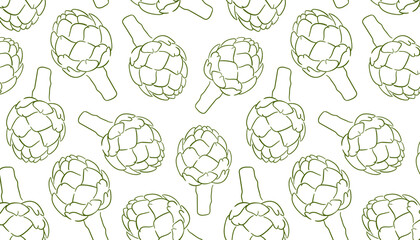 Artichoke seamless pattern in line art style. Design for menu, packaging design, fabric, food store. Vector illustration on a white background.