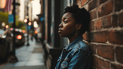 Young black woman gazing and thinking in urban city environment - obrazy, fototapety, plakaty