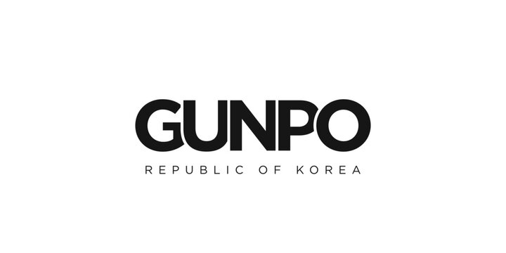 Gunpo in the Korea emblem. The design features a geometric style, vector illustration with bold typography in a modern font. The graphic slogan lettering.