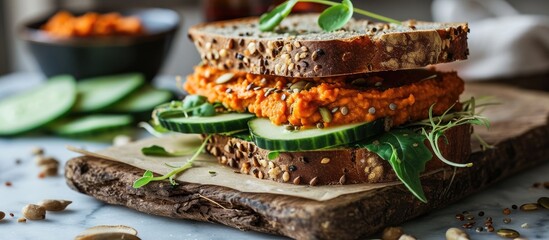 Gluten-free sandwich with homemade bread, quinoa-carrot fritter, bell pepper hummus, cucumbers, sunflower seeds on marble board. - obrazy, fototapety, plakaty
