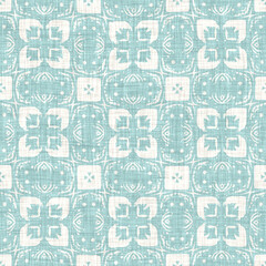 Teal aqua white vibrant watercolor batik azulejos tile background. Seamless coastal blur linen effect geometric mosaic effect.Boho Patchwork nautical masculine all over summer fashion repeat.
