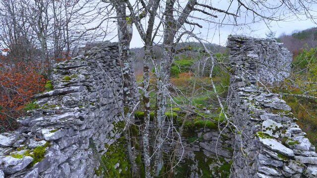 Trap to hunt wolves (Canis lupus), called the Lobera de Barr&oacute;n in the Sierra de Arcamo. Aerial view from a drone. Artaza. Alava. Basque Country. Spain. Europe
