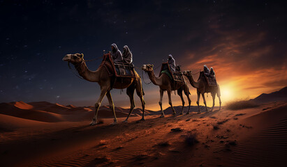 Three people riding camels in the desert at sunset. Generative AI