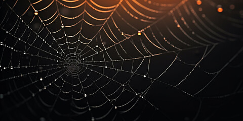 Spooky spider web captures dew drops perfectly .Gossamer Image .
