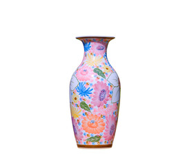 Ceramic vase with colorful floral pattern in vintage style isolated on transparent background, png file