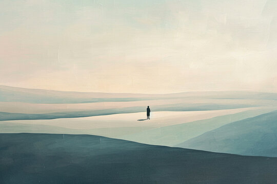 Fototapeta Image painting the palette of solitude through minimalism, featuring sparse lines, muted colors, and a solitary subject, inviting viewers to explore the tranquil landscapes that un