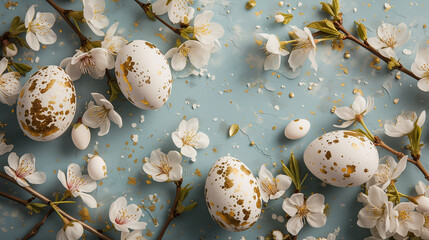 beautiful light easter layout with gold and marble eggs, cherry blossoms and confetti on a pastel blue background. top view. copy space. flat lay. place for text	