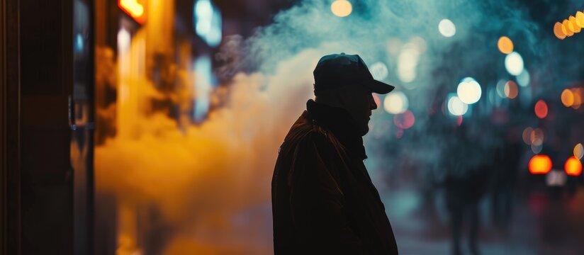 Man in smoke cloud at night, telephoto capture.