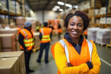 Portrait of smiling female warehouse worker standing with staff in background at warehouse