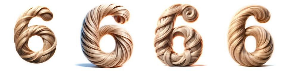 Number 6 - SIX - Hair Alphabet - Hair Letter set - White background - Glamour Hair typeset collection from A to Z and numbers. - obrazy, fototapety, plakaty