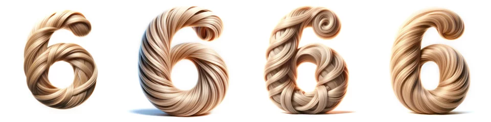 Fotobehang Number 6 - SIX - Hair Alphabet - Hair Letter set - White background - Glamour Hair typeset collection from A to Z and numbers. © ana