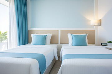 A clean and comfortable hotel accommodation room with a neat twin bed in a white and  emerald green theme. Generative AI.