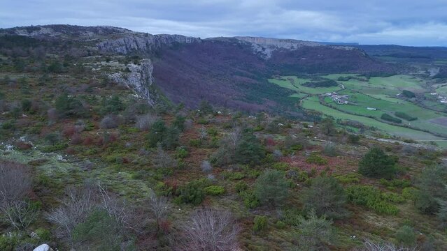 Winter landscape around the trap for hunting wolves (Canis lupus), called the Lobera de Barr&oacute;n in the Sierra de Arcamo. Aerial view from a drone. Artaza. Alava. Basque Country. Spain. Europe