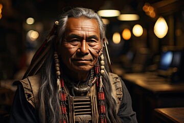 Portrait of a Native American inside a Casino with slot machines in backgrounds