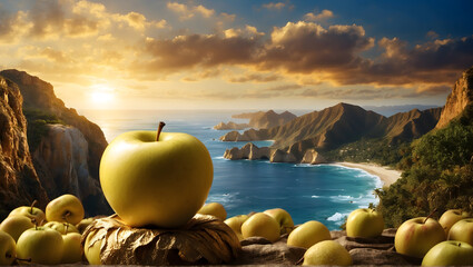 a golden apple against the captivating backdrop of paradise