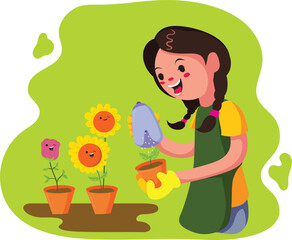 illustration of child watering plants vector illustration