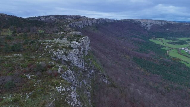 Winter landscape around the trap for hunting wolves (Canis lupus), called the Lobera de Barr&oacute;n in the Sierra de Arcamo. Aerial view from a drone. Artaza. Alava. Basque Country. Spain. Europe