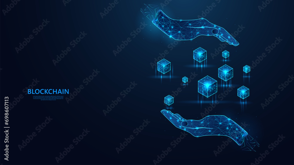 Aufkleber Blockchain technology concept on abstract hand in low poly wireframe futuristic style. Blue background with a sprinkling of shining stars.